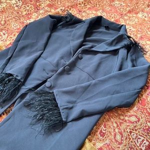 Black belter blazer with feather trim size medium